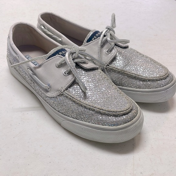 🎉HP🎉Sperry Top-Sider Silver Glitter Loafers/ Boat Shoes - Picture 1 of 10
